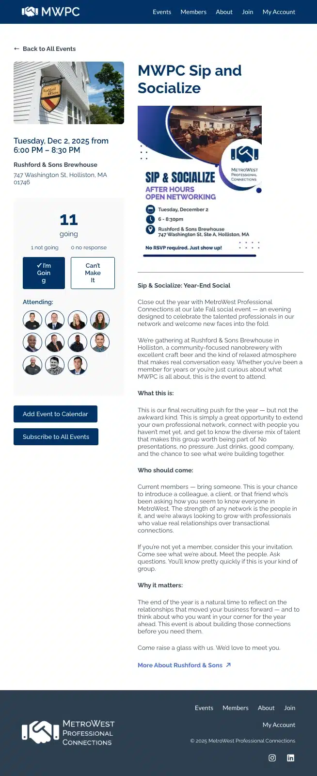 Repurposing an Events Platform: From Marlborough WordPress to MetroWest Professional Connections 1 mwpc screenshot